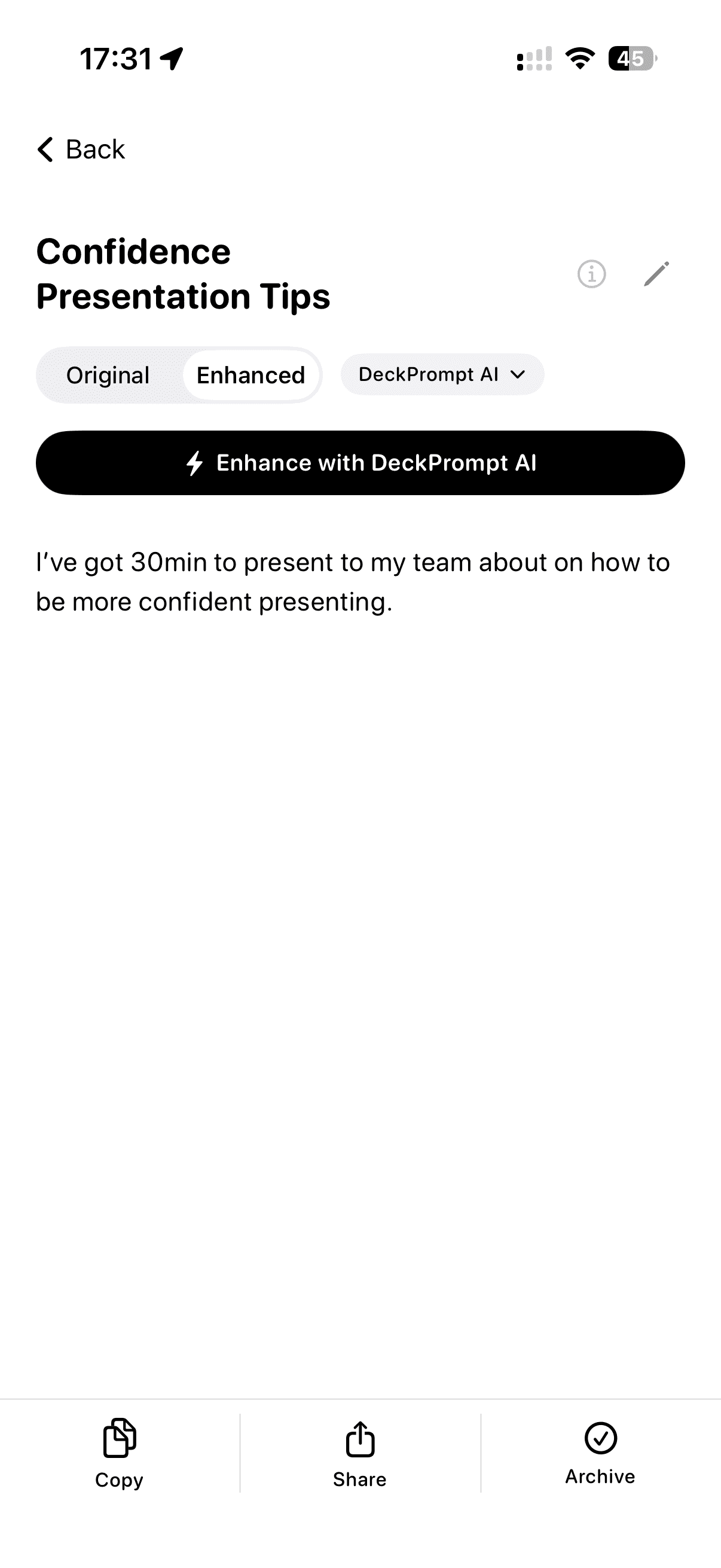 DeckPrompt refining the team meeting prompt