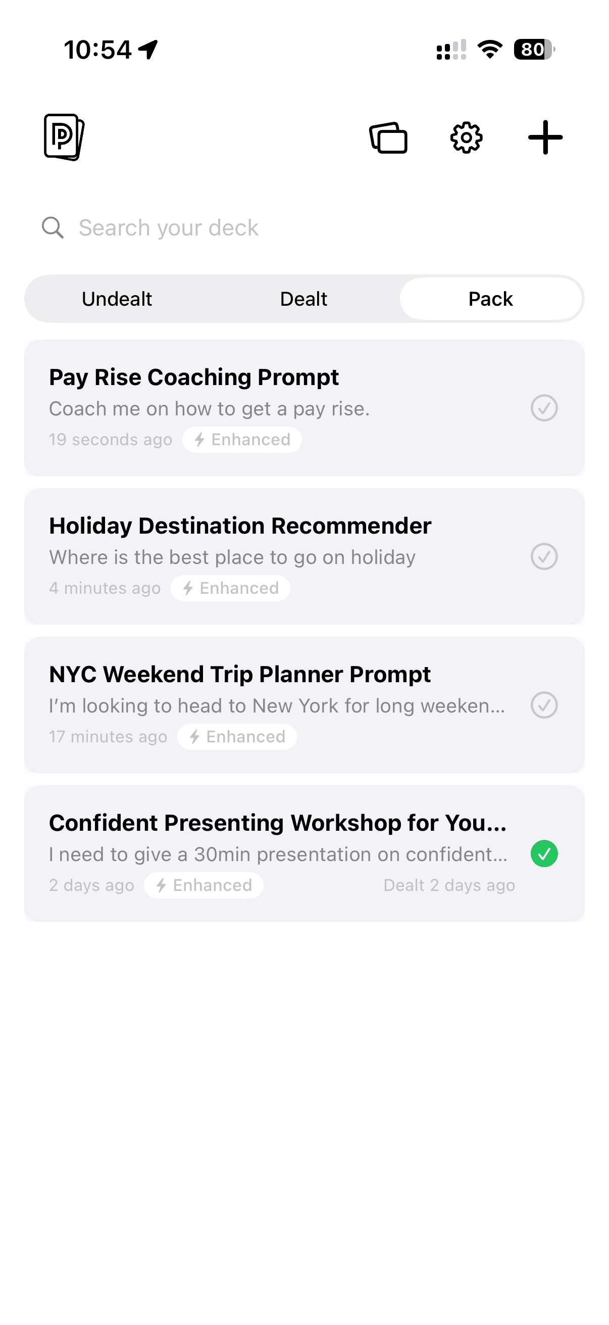 DeckPrompt card list showing saved prompts to build your deck